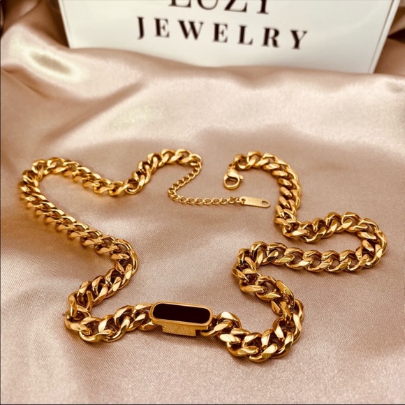 Titanium Black Onyx Cuban Link Chunky Necklace in Gold - Picture 4 of 14